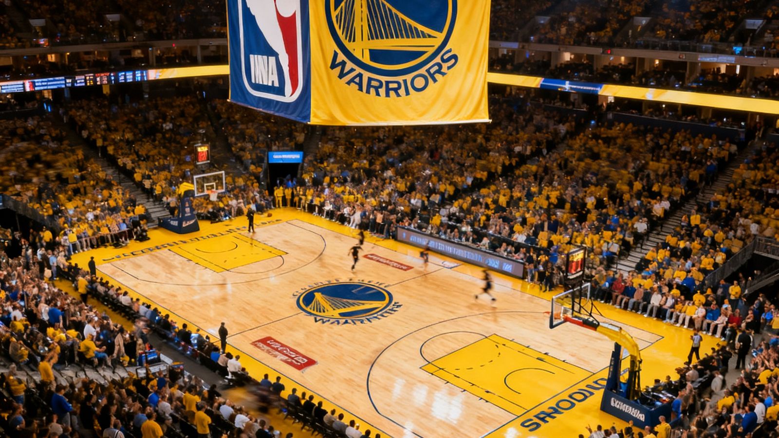 NBA季后赛场馆内灯光璀璨的俯拍画面，篮球场上空悬挂着巨大的球队旗帜，观众席座无虚席